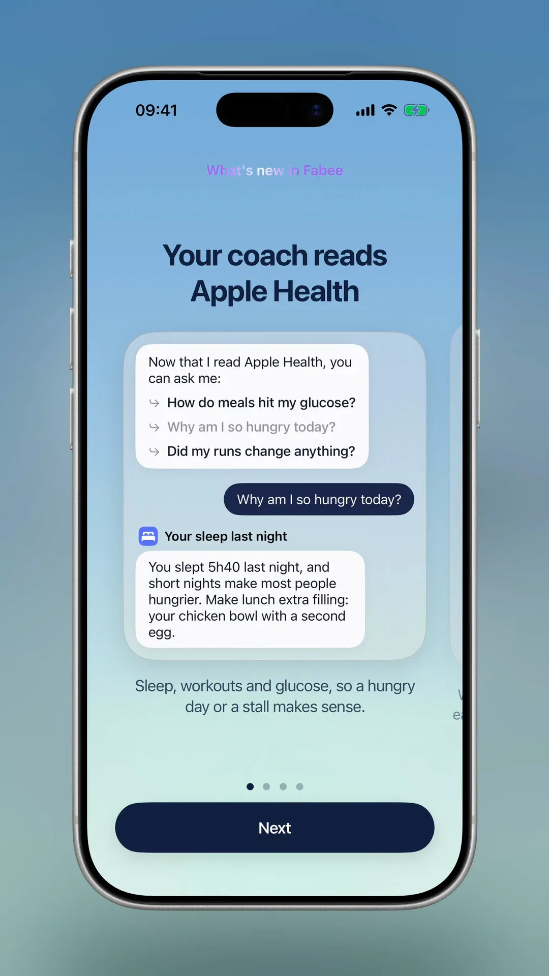 The What is new page for Apple Health: "Why am I so hungry today?" and a reply about 5h40 of sleep last night
