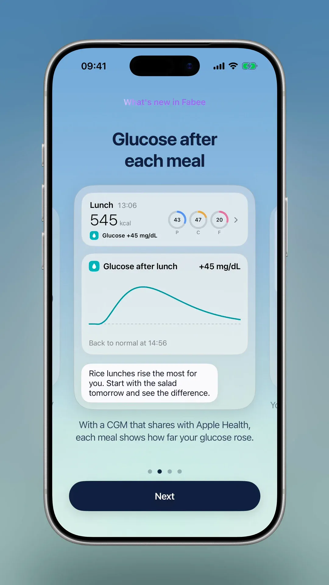 A 545 kcal lunch with its glucose curve after it: up 45 mg/dL, back to normal at 14:56
