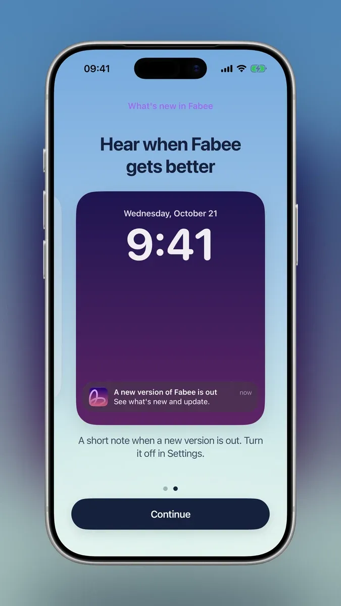 The What is new page in Fabee: a lock screen note, A new version of Fabee is out