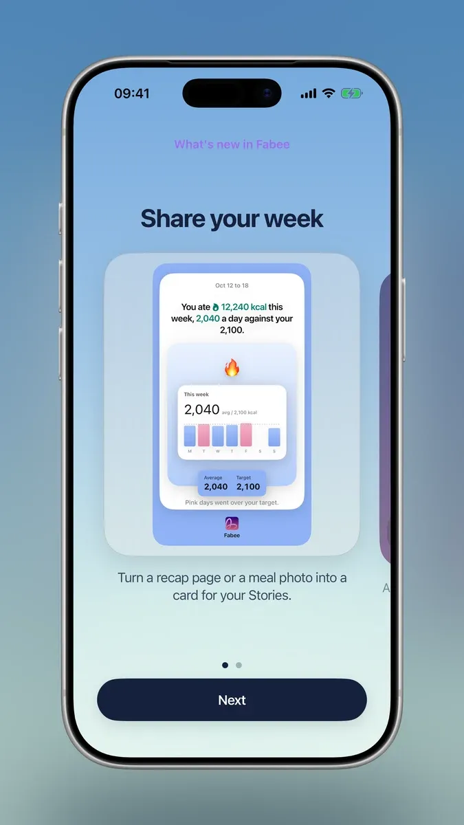 The What is new page in Fabee: a weekly recap page turned into a card for Stories